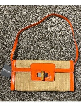 SR Squared by Sondra Roberts Purse Clutch Tan Straw Orange Toggle Bag Woven NWT